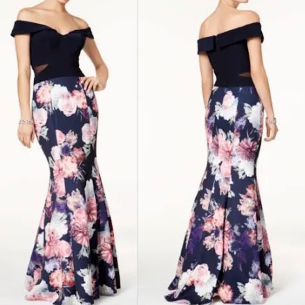 XSCAPE Floral Print Off-The- Shoulder Mermaid Gown Dress Size 10